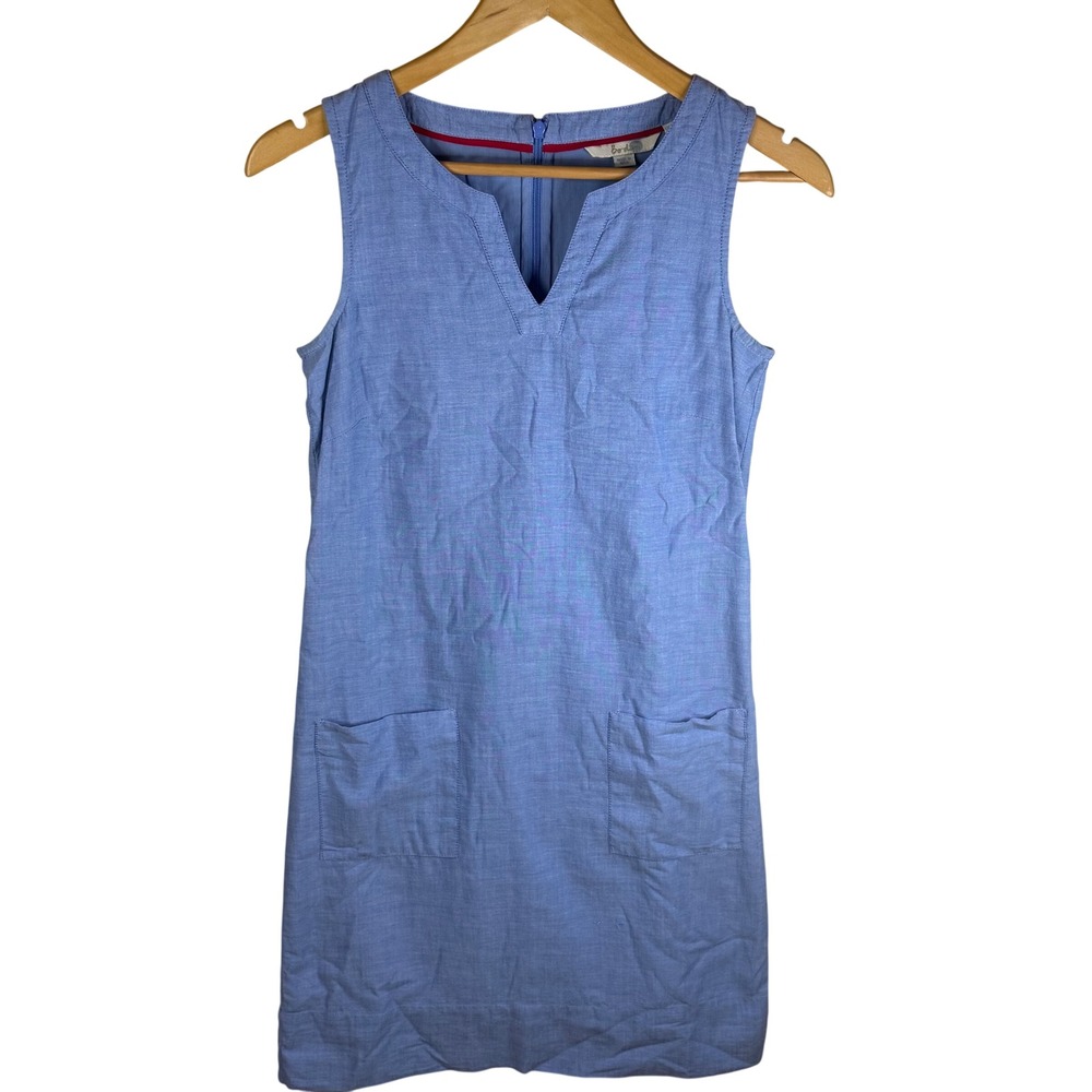 Boden Chambray Blue Cotton V Neck Pocket Shift Dress Womens US 2R Resortwear